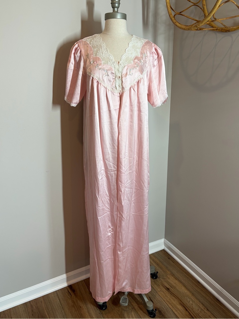 vintage pink satin coquette whimsical maxi romantic nightgown cape dress